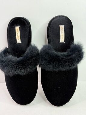 Laura Ashley Black Velvet Slip-On Slippers Rabbit Fur Trim Size XL